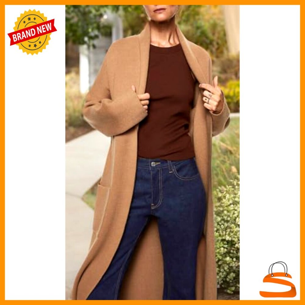 Oversized Knit Maxi Cardigan Open Front Long Sleeve Lapel Coat with Pockets - Picture 6 of 7